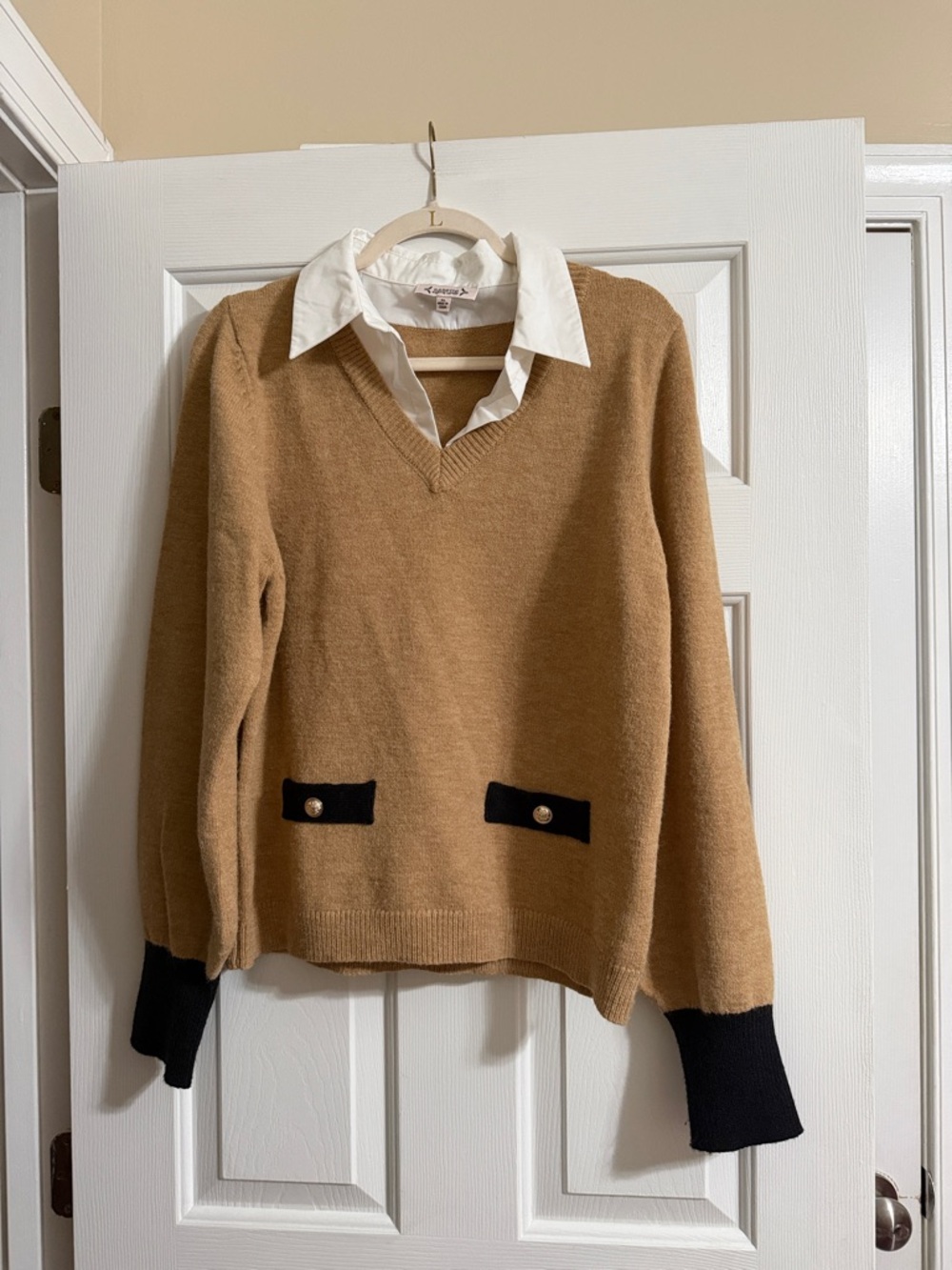 Nanette Lepore Brown Black and White Collared Long Sleeve Faux Pocket Sweater XL